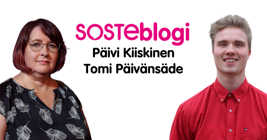 SOSTEn erityisasiantuntija Päivi Kiiskinen ja siviilipalvelusmies Tomi Päivänsäde SOSTEblogin kirjoittajakuvassa.