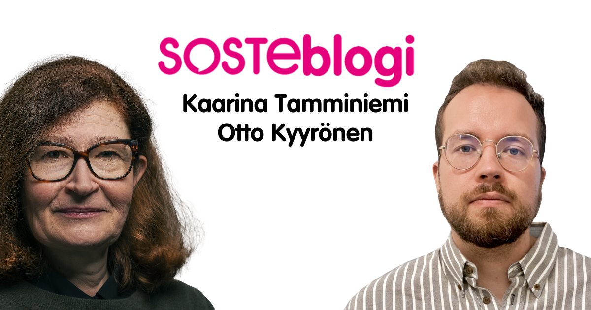 SOSTEblogin kirjoittajakuvassa SOSTEn erityisasiantuntija Kaarina Tamminiemi ja pääekonomisti Otto Kyyrönen.