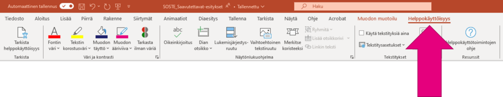 Kuvakaappaus PowerPointin valikosta, josta löytyy Helppokäyttötoiminnot.